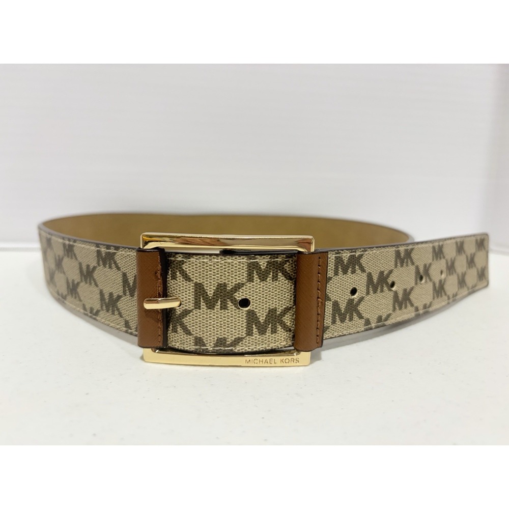 MICHAEL KORS Brown SIGNATURE MK LOGO Gold Hardware FAUX LEATHER Belt Sz Med READ
